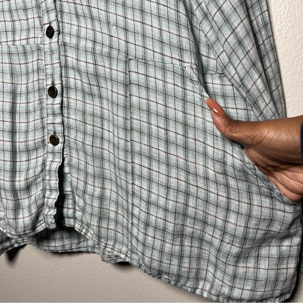 Flax Women 100% Linen Top Small Green Plaid Long Sleeve Buttons Coastal Lagenloo - Picture 5 of 10